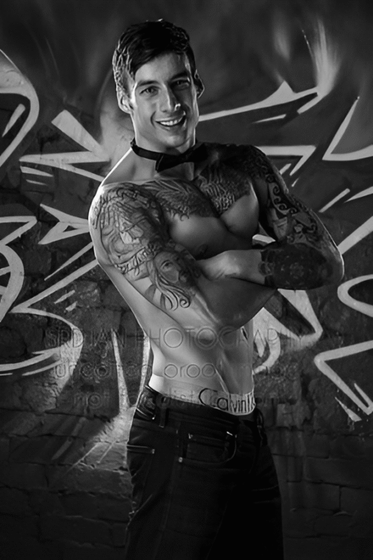 Hens Knights male stripper and topless waiter with tattoos